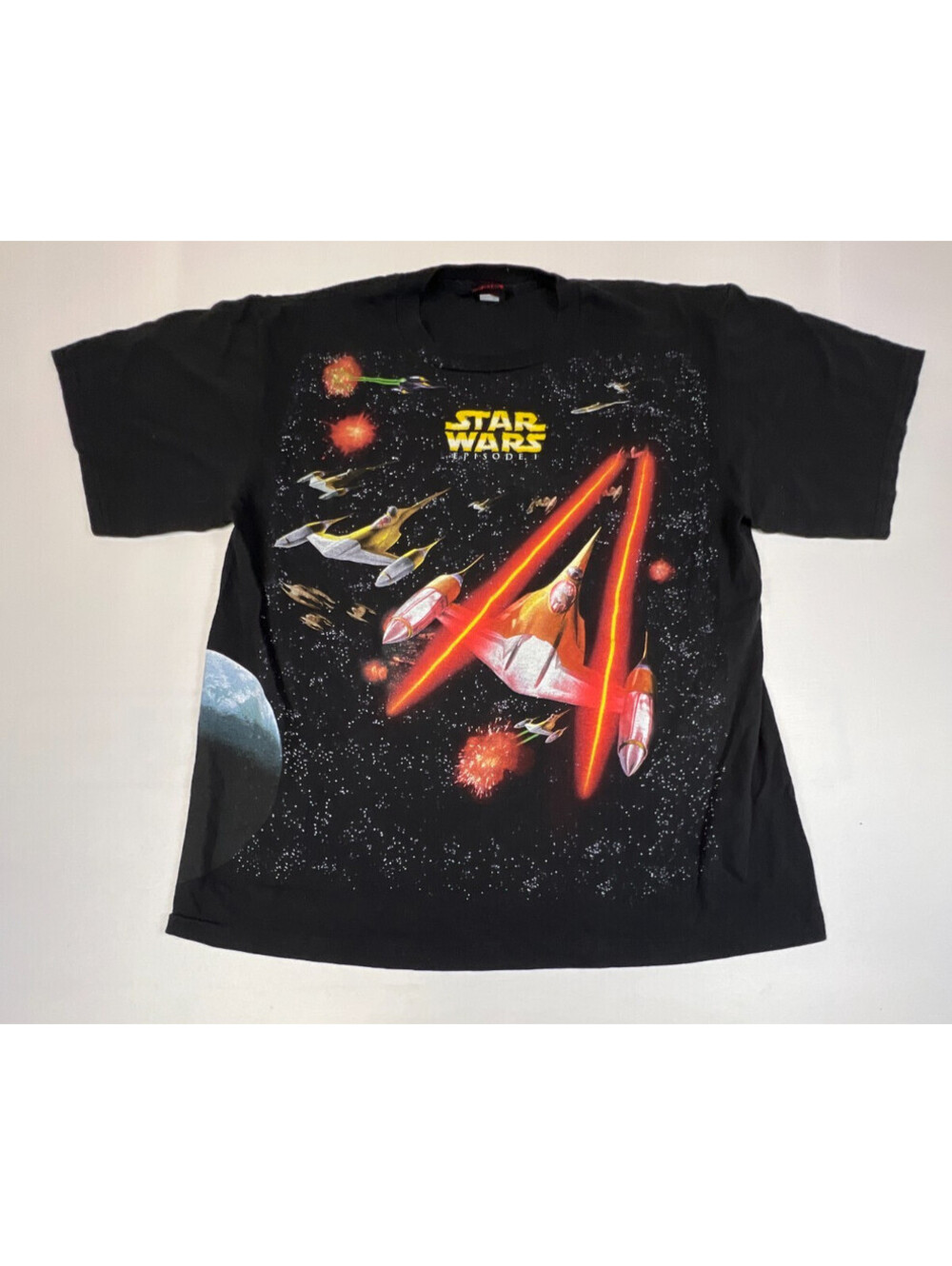 Vintage Star Wars Episode I Men XL Black Graphic T-Shirt All Over Print EUC